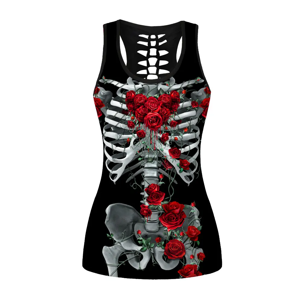 

2018 New Harajuku 3D Skeleton Women Summer Sport Vest 3 Patterns Sleeveless Halloween Ghost Running Tops S To 4XL Plus Size