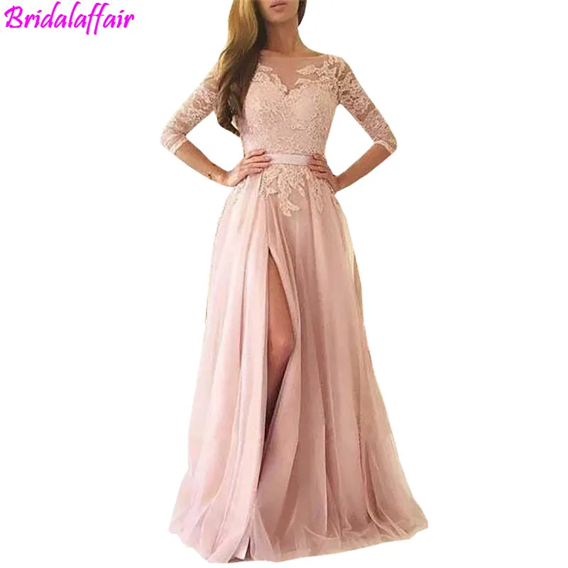 

Abendkleider 2018 Dusty Rose Lace A-Line Evening Dresses Sexy Backless Formal Party Dresses High Slit 3/4 Sleeves robe de soiree