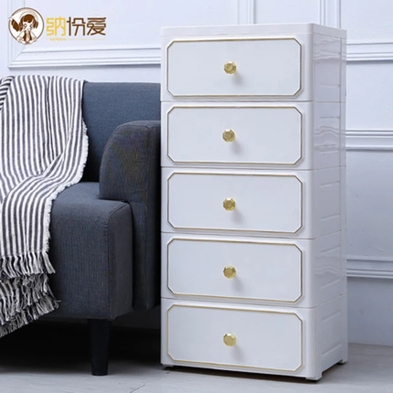 

Nordic style drawer organizer Gold plating handle 5 drawers PP plastic box with wheel Easy to move storage organizer rangement