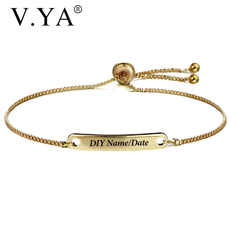 

V.YA Customized Rose Gold Bracelets For Women Stainless Steel Engraved Name Silver Bangles Box Chain For Female Wedding Gift