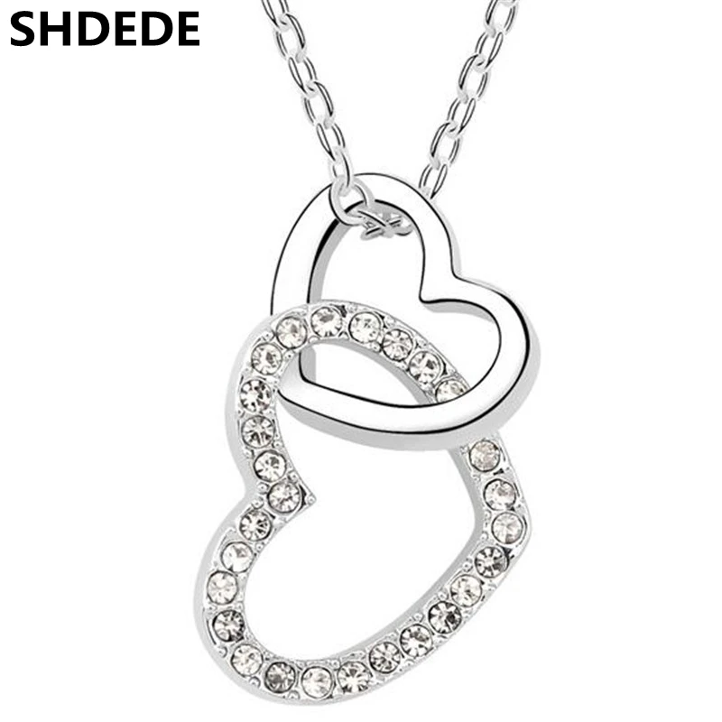 

SHDEDE Austrian Crystal Double TWO Heart Pendant Necklaces for Women Fashion Jewelry Birthday Gift Female Wedding -*10391