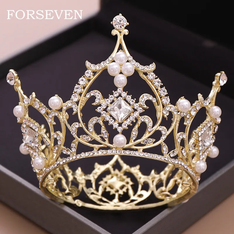 Золотой цвет, жемчужный кристалл, Корона невесты, свадебное украшение для волос, повязка на голову, украшение, тиара, корона, модные женские аксессуары