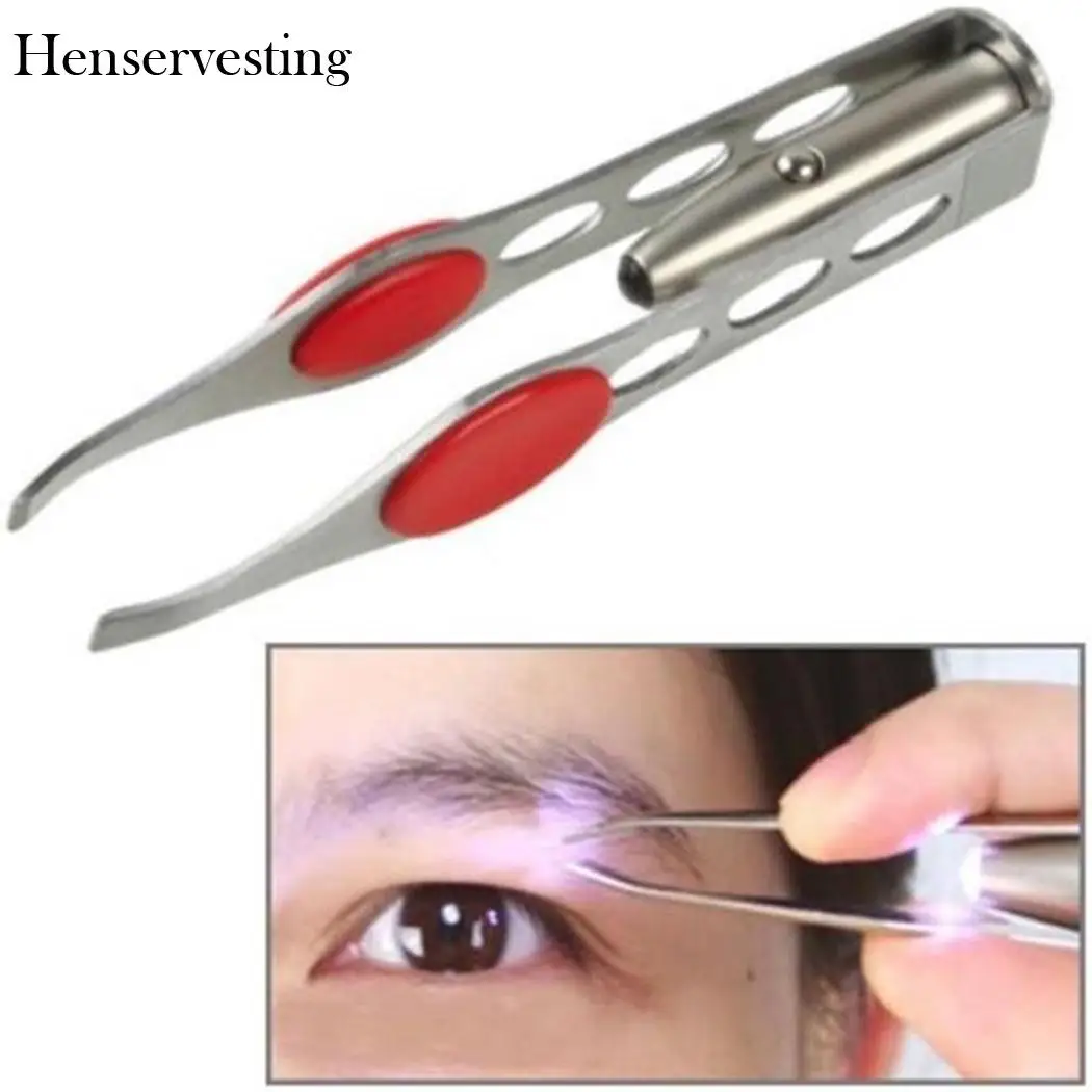 Light Steel LED Stainless Eyelash Eyebrow Tweezers Hair Removal Eyes