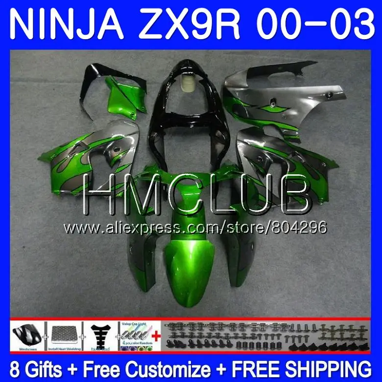 

Body Green grey For KAWASAKI NINJA ZX 9R 9 R 900 ZX9R 00 01 02 03 44HM.21 ZX900 900CC ZX9 R ZX-9R 2000 2001 2002 2003 Fairing