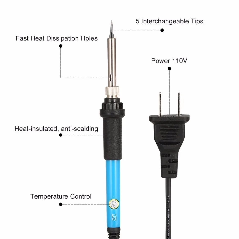 60 Вт электронный паяльник пистолет сварочный ремонтный набор инструментов температура Регулируемая+ советы отпайки насос резьба нож для США вилка