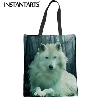 

INSTANTARTS Shopping Bag Women Eco Cloth Bag Female Canvas Tote Hand Pouch White Wolf 3D Cool Animal Print Cotton Shopper Bags