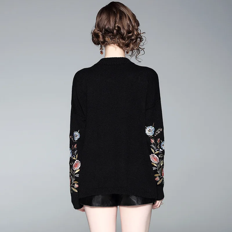 Elastic knit embroidery loose pullovers sweater 2018 new long sleeve plus size women autumn sweater