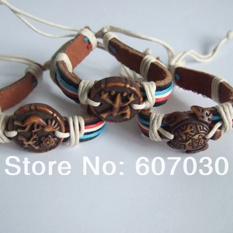 12pcs Brown Taino Coqui Frog Turtle Charm Bracelet lot Black Leather