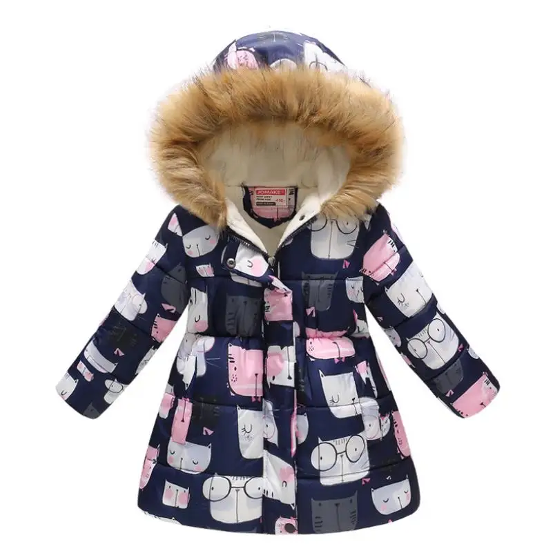 Г. Новые зимние пальто с принтом для девочек, одежда плотные теплые пуховики для девочек, пальто Длинная Стильная хлопковая верхняя одежда, От 3 до 10 лет