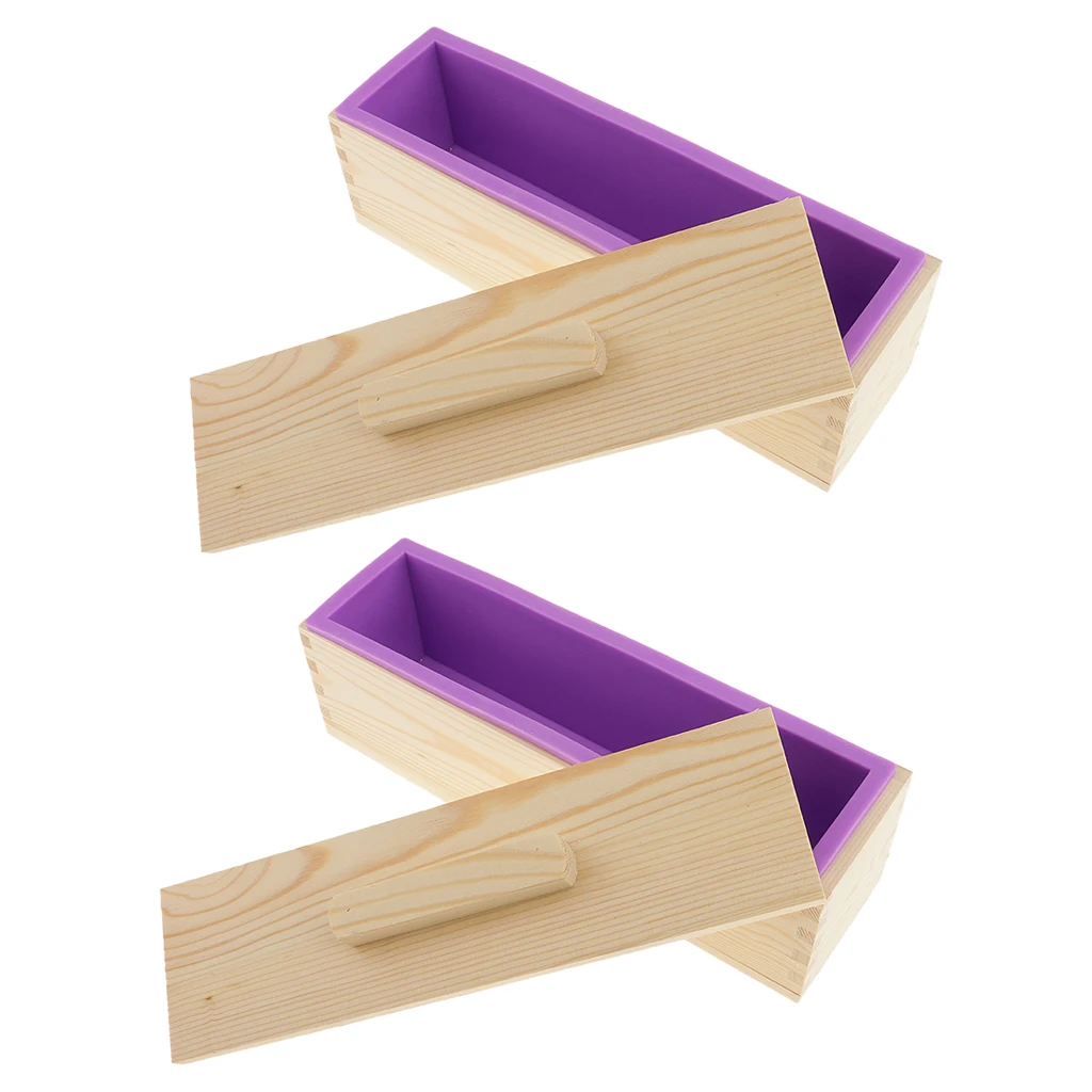 2x 900g Rectangle Silicone Soap Loaf Mold Wooden Box DIY Making Tools Purple