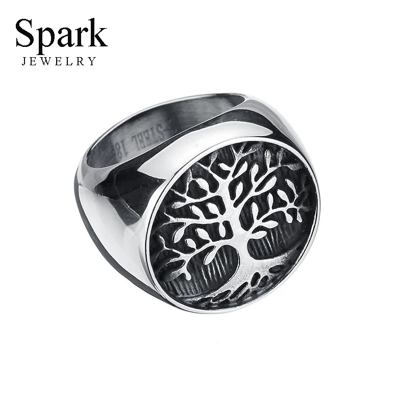 

SPARK Jewelry Vintage Punk Tree of Life Signet Solid Stainless Steel Ring Biker Ring High Polished Never Fade Men Jewelry