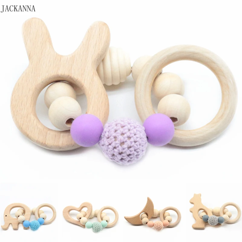 

Wood Teether Teething Bracelet Animal Wooden Teether Silicone Beads Teething Rattle Bracelets Nursing Toys Gifts Baby Teether