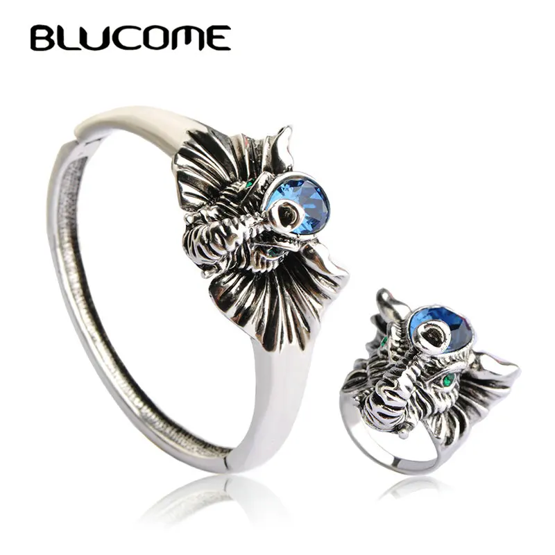 

Blucome New Arrival Vintage Stereo Elephant Shape Bangle Ring Sets Sea Blue Crystal Jewelry Set For Women Lady Party Accessories