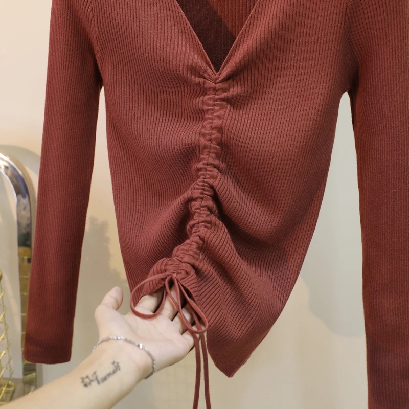 Casual Lace Up Knitted Sweater Women Skinny Slim Knitting Pull Femme Jumper Crop Top Winter Sweater Tricot Pullover Candy Colors (19)