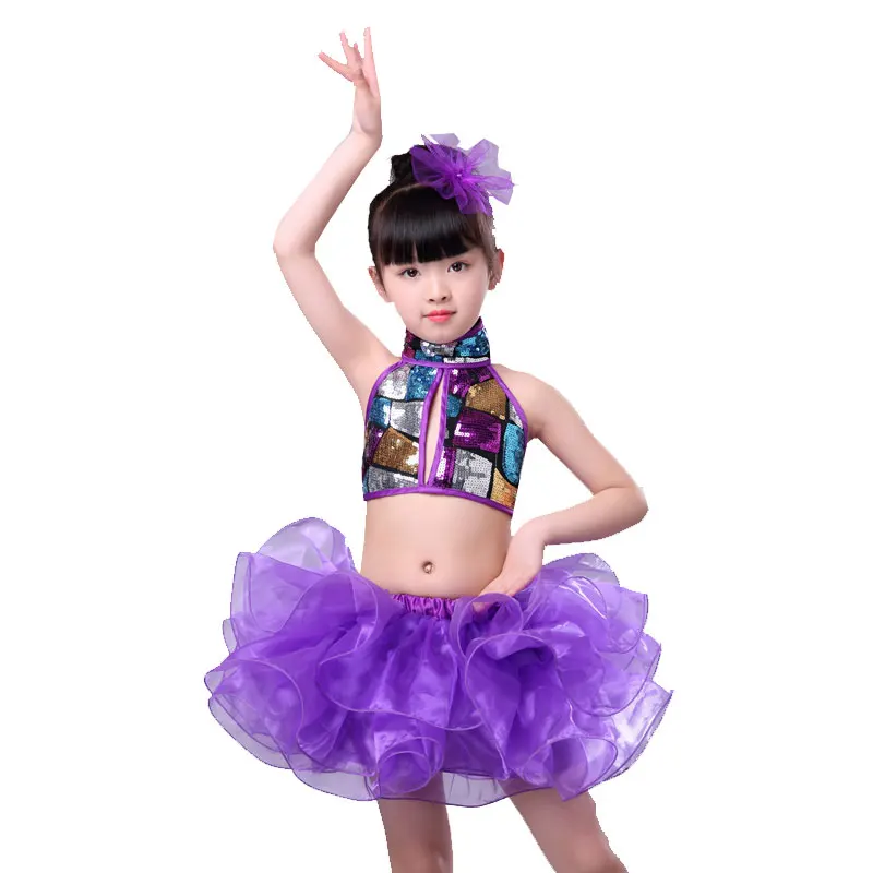 

New Children Purple Skirt Dance Costumes for Girls Kids Child Sequin Competition Jazz Stage Performance Clothing sets 100-160CM
