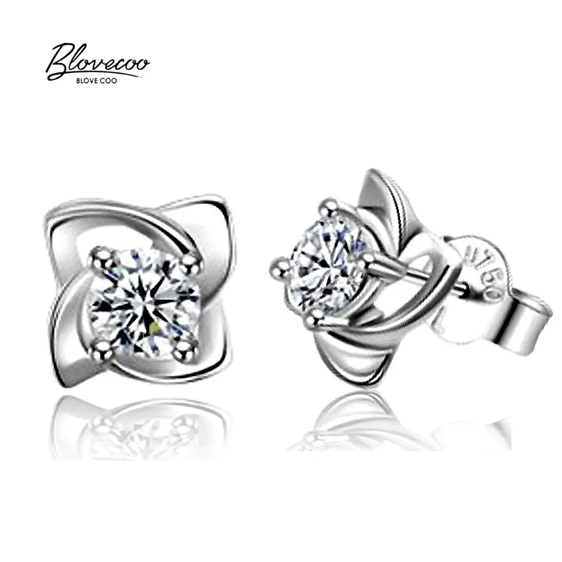 BLOVECOO Stud Earrings For Women New Luxury Jewelry zircon CZ Crystal Fashion Four Leaf Clover Rhinestone wholesale | Украшения и