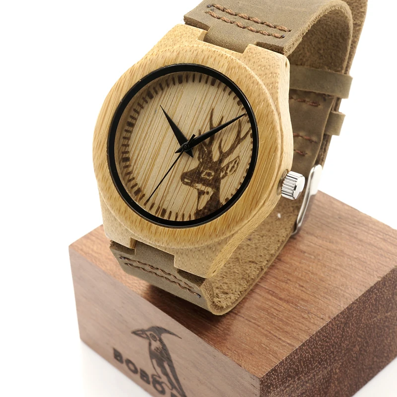 BOBO BIRD Elk Head Natural Wooden Watches With Genuine Cowhide Leather Lovers Luxury Wristwatch Mens Wood Watch as Gifts C-F29