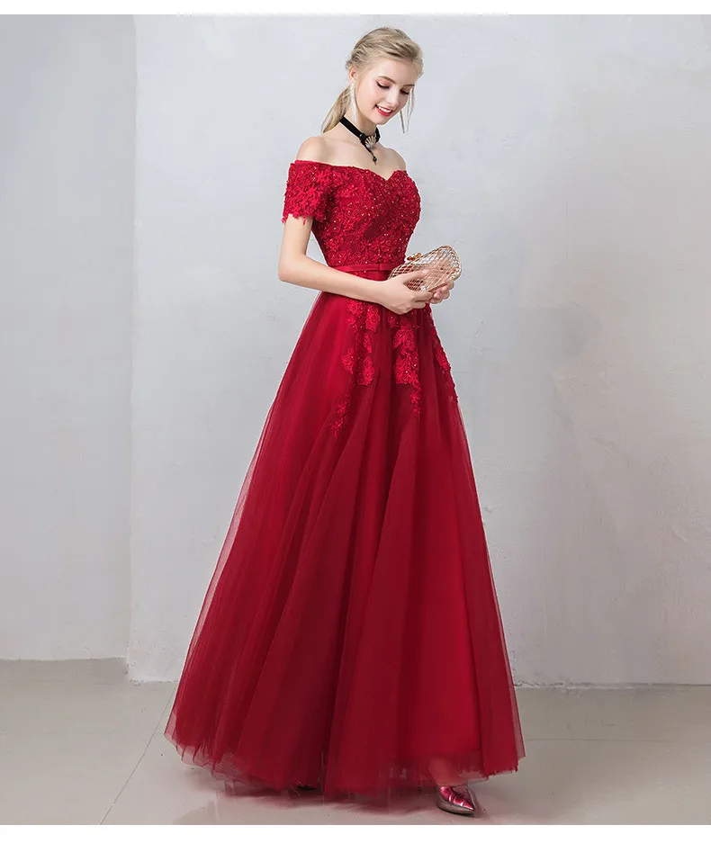 Robe De Soiree Wine Red Evening Dress Long Sweetheart Tulle with Appliques Beaded Long Prom Party Gown Abiye Robe De Soiree Wine Red Evening Dress Long Sweetheart Tulle with Appliques Beaded Long Prom Party Gown Abiye