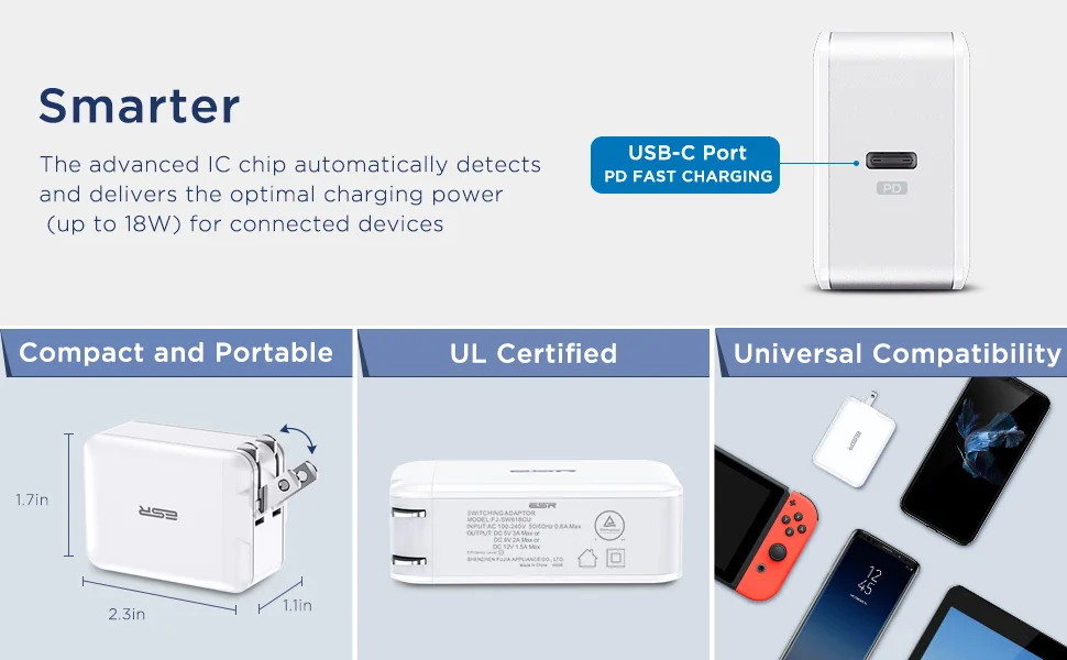 ESR USB C быстрое зарядное устройство 18 Вт с настенной вилкой для путешествий быстрое зарядное устройство type C type-c PD для iPhone 11 X XR XS Max iPad Pro EU US UK