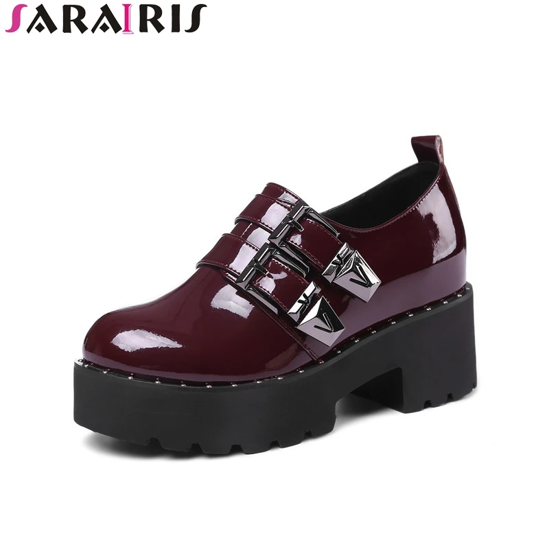 

SARAIRIS 2019 Spring Autumn Brand Patent Flat Platform Shoes Woman slip-on Buckle Height Increasing Women Date Casual Shoes