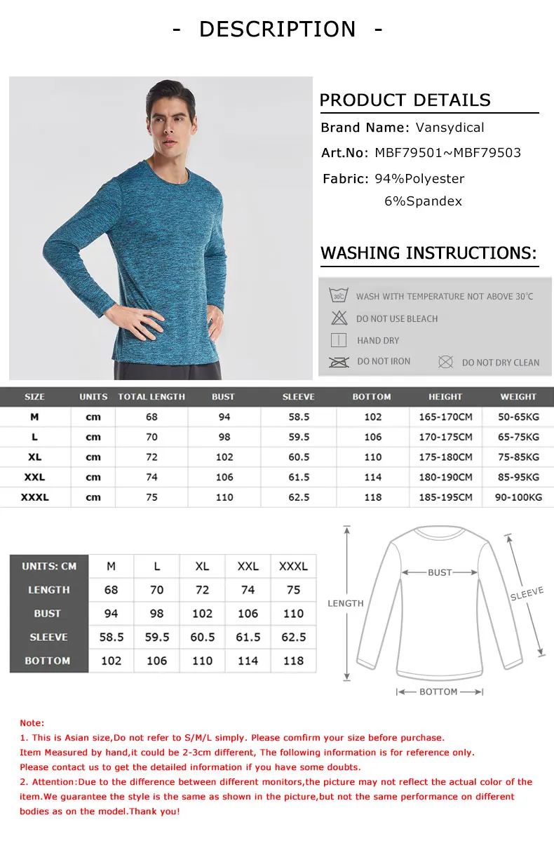 VANSYDICAL Running T-shirt Men Quick Dry Running Long Sleeve Shirt for Jogging Fitness Gym Training Tops Cycling Jersey kelme XL 11
