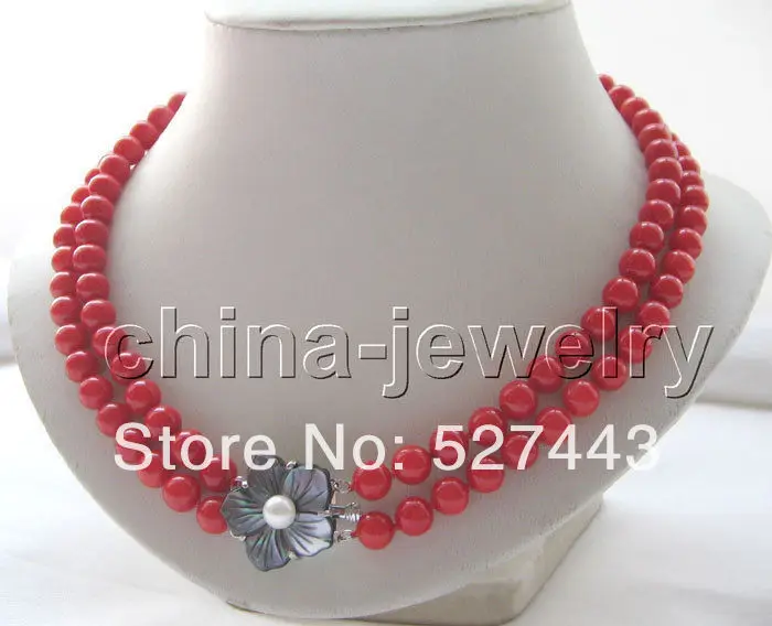 

Wholesale free shipping >>AAA double 17-18" 8mm natural perfect round red coral necklace-shell clasp