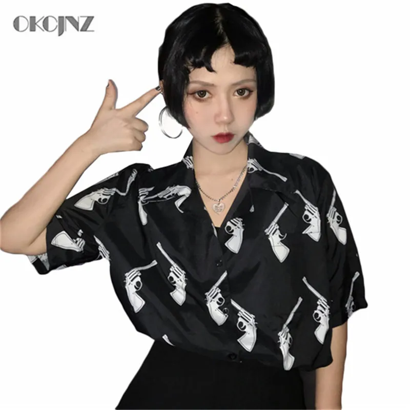 

Gun Print Summer Blouse Women Blusas Korean Clothes Vintage Loose Fashion Shirt Female Personality Kimono Harajuku Tops Okq285