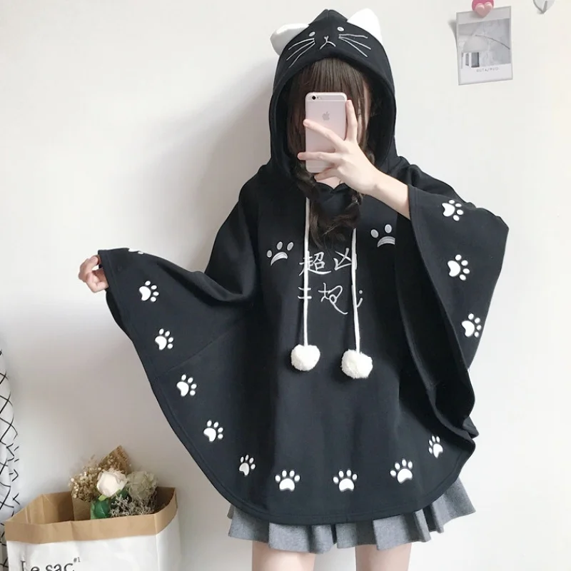 

Harajuku Women Kawaii Cat Ears Cape Japanese Cute Paws Embroidery Girls Casual Cloak Fleece Winter Loose Hooded Hoodies 3 Colors