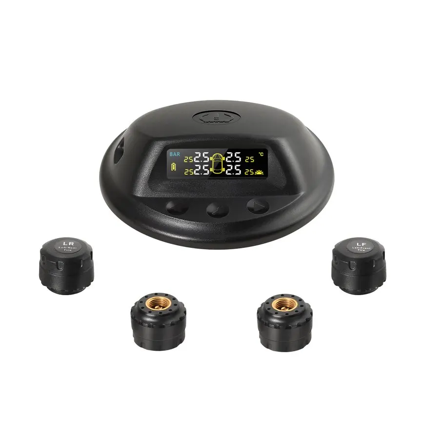 

Touch Solar Wireless Tire Pressure Monitoring System TPMS with 4 External Sensors Audio Alarm Measuring Pressure/Temperature