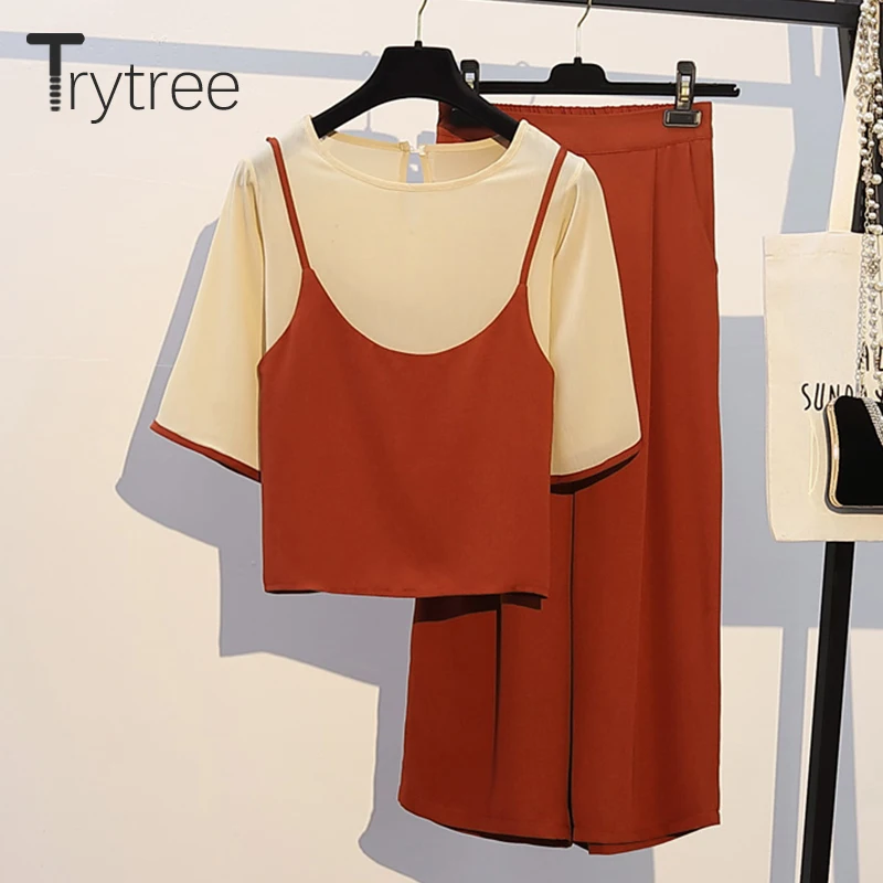 Trytree الصيف النساء ثلاثة قطعة مجموعات عارضة س الرقبة مضيئة كم قمم + السراويل مرونة الخصر بنطال ذو قصة أرجل واسعة دعوى مجموعة 3 قطعة مجموعة