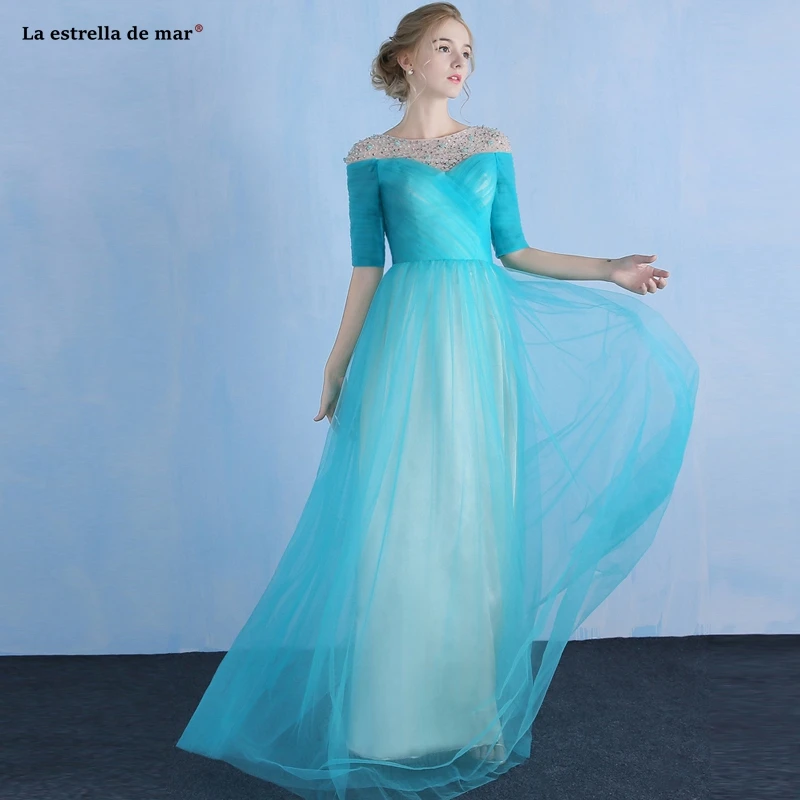 

Vestidos boda invitada mujer2019 new tulle crystal half sleeve back A Lina turquoise burgundy bridesmaid dresses long beautiful