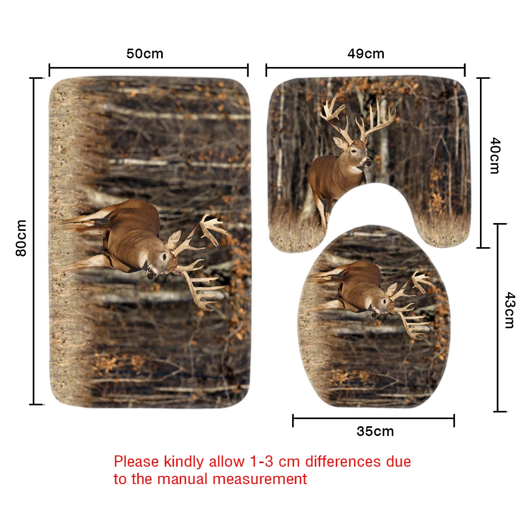 Комплект из 3 предметов, для ванной и туалета Комплект ковриков один олень лес узор нескользящий, для ванной коврик классический мультфильм Ванная комната набор ковриков