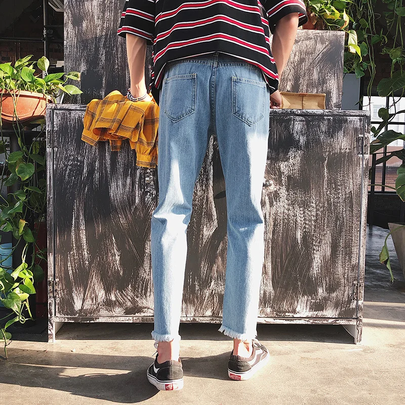 Fashion Casual Men's Jeans Summer And Autumn New S-2XL Nine Pants Versatile Loose Straight Pants Blue Personality Youth Popular