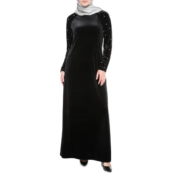 

Sleeper #W401 2019 NEW FASHION Muslim Women Islamic Beading Velvet Robe Plus Size Middle East Long Dress elegant Free Shipping