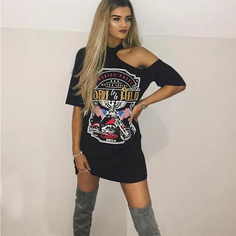 1pcs black Ladies Women Punk Rock Short Sleeve Eagle Print T-Shirt Cut Shoulder Baggy