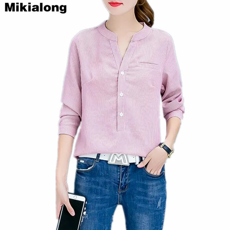 Mikialong Casual V neck Women Blouse 2017 Autumn Long