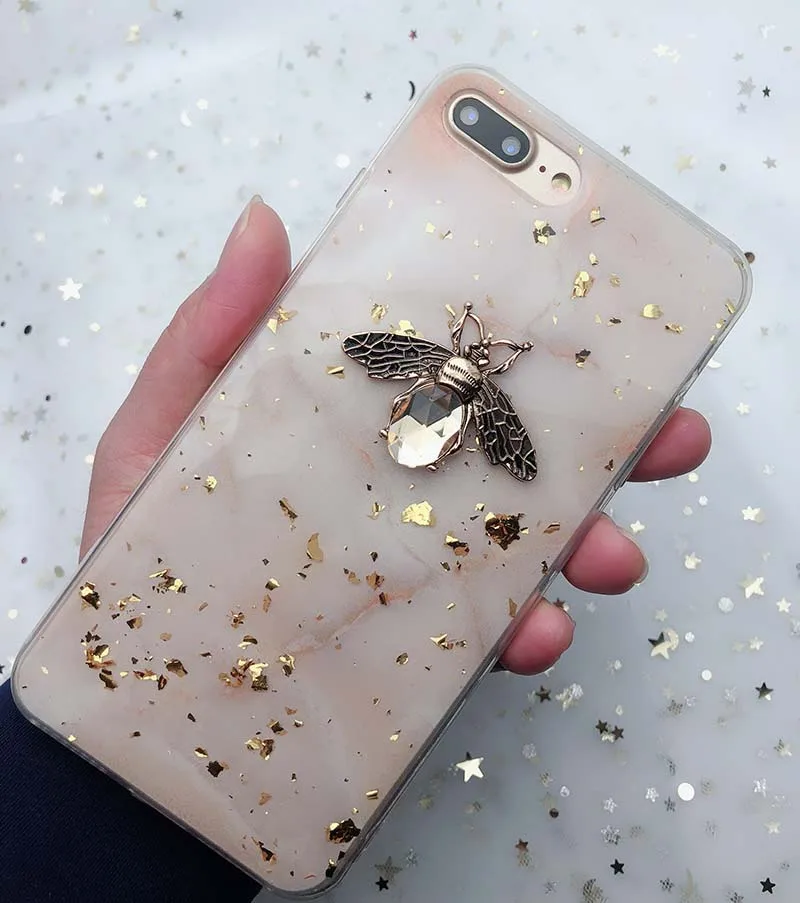 الذهب احباط بلينغ الرخام خزائن هاتف آيفون X XS XR ماكس 3D المعادن النحل لينة TPU حالة غطاء ل فون 7 8 6 S زائد بريق الخلفي Fundas