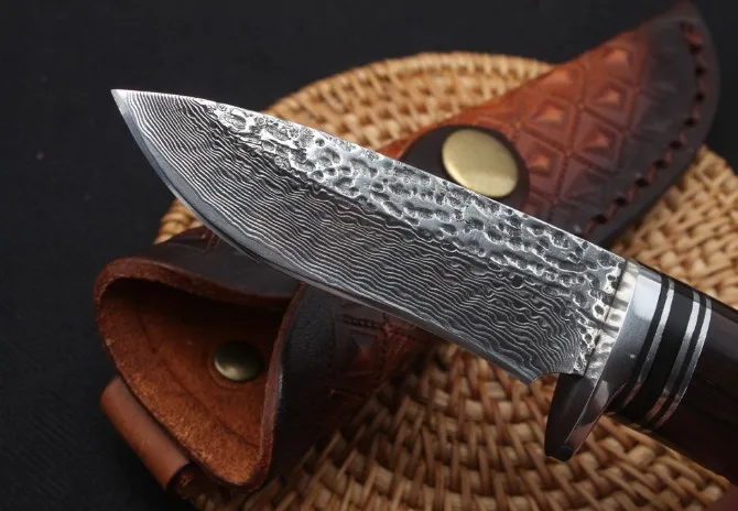 Trskt дамасский коллекционный нож, нож с фиксированным лезвием, охотничьи ножи для выживания, инструмент для кемпинга, черная ручка, кожаная оболочка