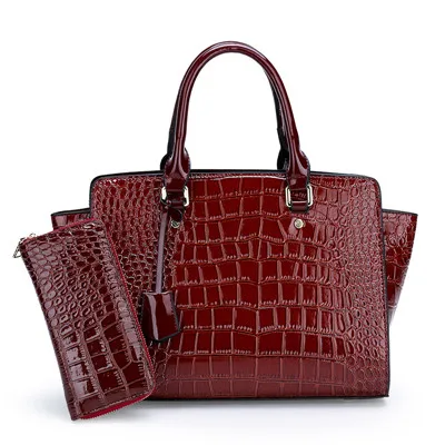 Дизайнерская сумка(в форме трапеции), высококачественные женские сумки из лакированной кожи, люксовый бренд, курьерские женские сумки, женская сумка, кошелек с крокодилом, набор - Цвет: 2pcs dark brown bag