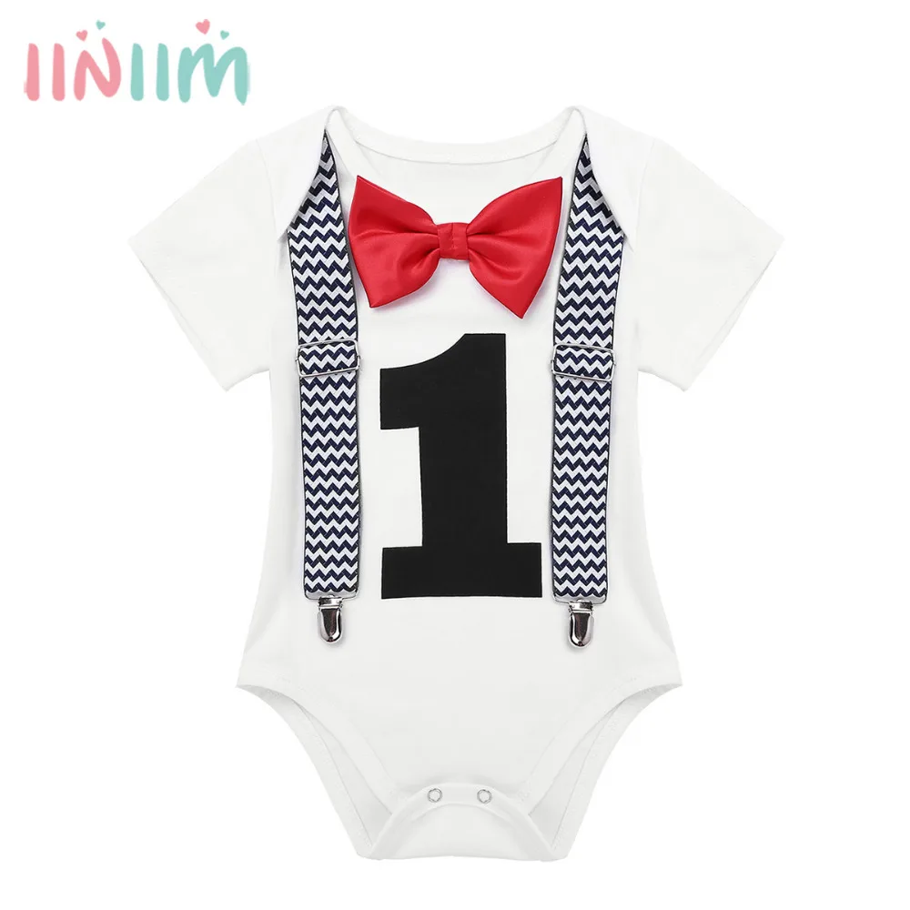 

iiniim Newborns Baby Boys Clothes First 1st Birthday Summer Number 1 Printed Romper with Bow Tie Suspenders Outfit Rompers
