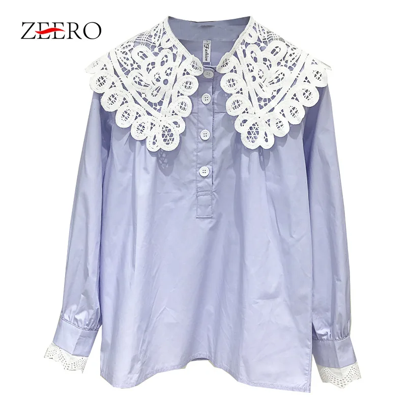 

Korean Style Women's Blouse 2019 Solid Shirt Lolita Spring Runway Sweet Fresh Peter Pan Collar Long Sleeve White Women Blouse