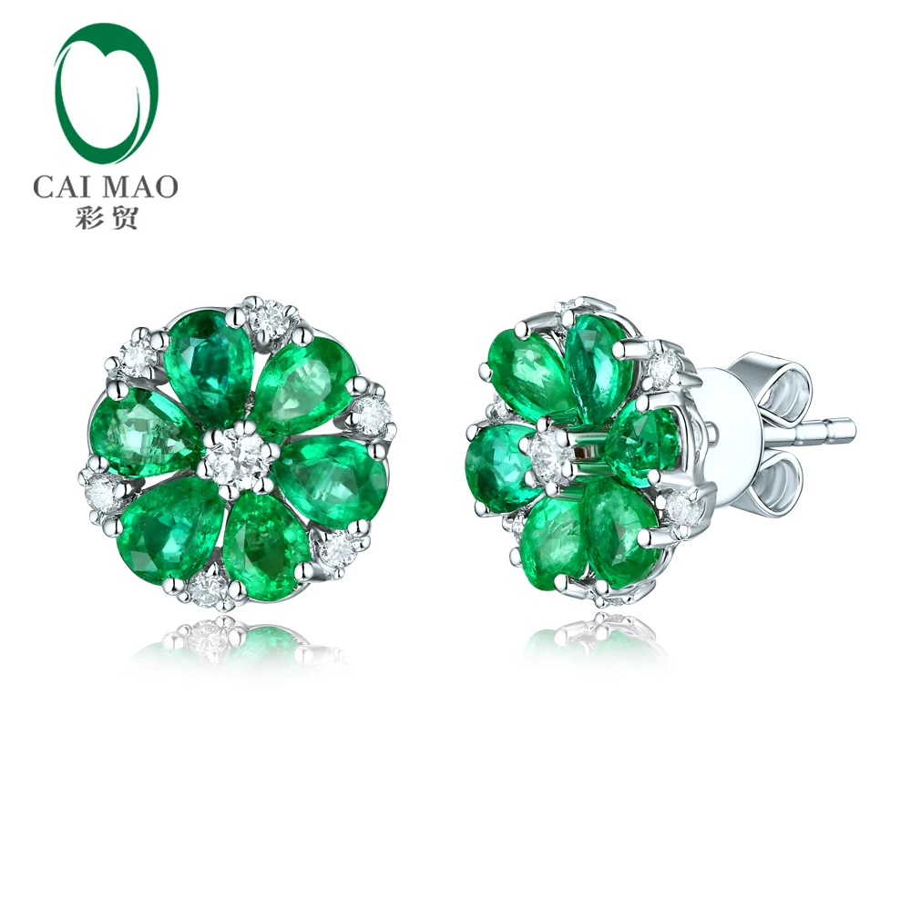 Caimao 14k Gold Natural 1.78ct Emerald & H SI Diamond Engagement Wedding Earring Studs for Women