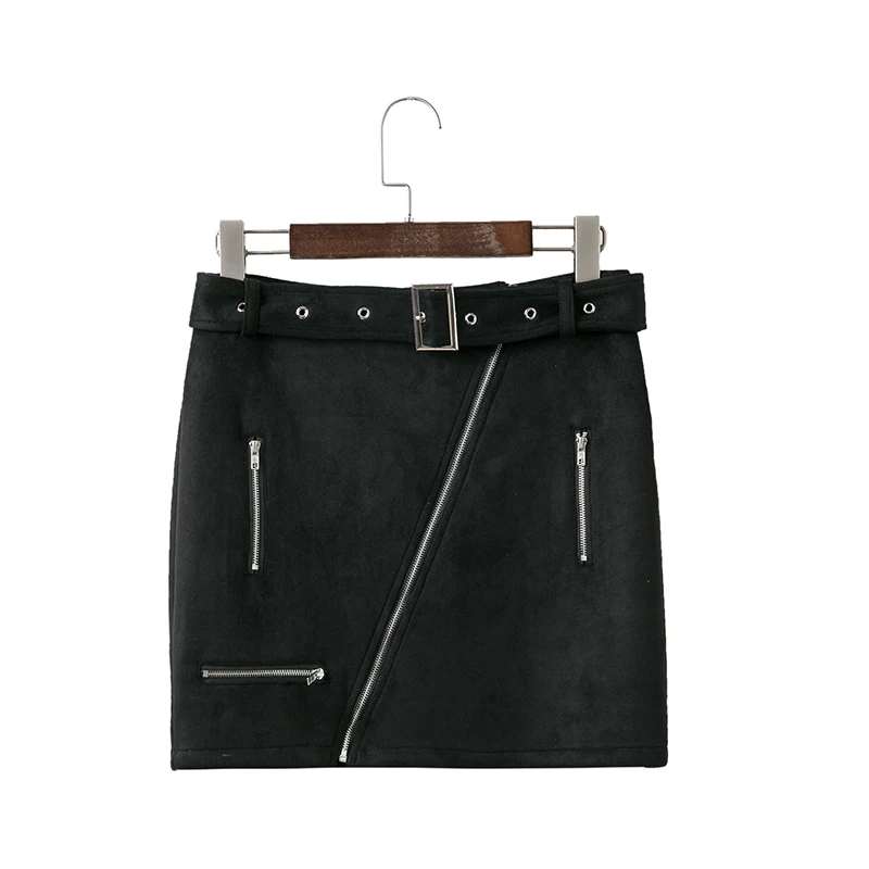 BONGOR LUSS Sexy 2018 Autumn Winter Suede Women Skirt Zipper Sashes Double Pocket Party Short Mini Ladies Black Skirts (10)