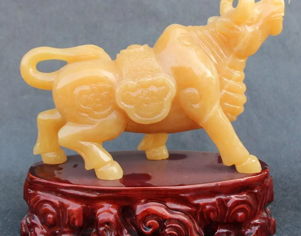 

13" Natural Yellow Jade Meters Topaz Stronger Bull Unicorn OX Oxen Ruyi Statue