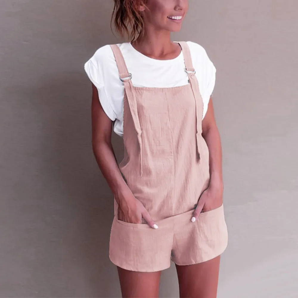 womens rompers jumpsuit Elastic Waist Dungarees Linen Cotton Pockets Rompers Playsuit Shorts Pants combi pantalon femme#XB35