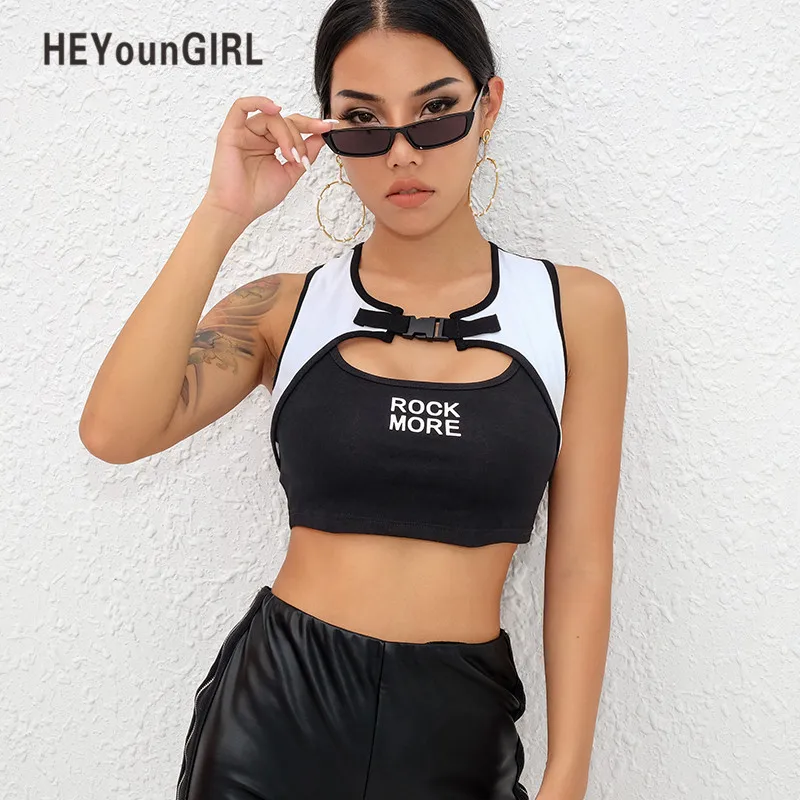 

HEYounGIRL Fitness Workout Casual Tank Top Women Letter Printed Sleeveless Crop Tops Hollow Out Bralette Cropped Summer Camis