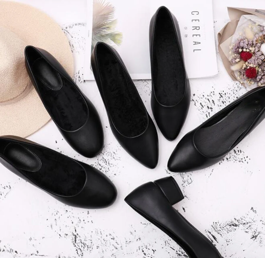 All Black Work Shoes Female Black Hotel Dress Small Leather Shoes