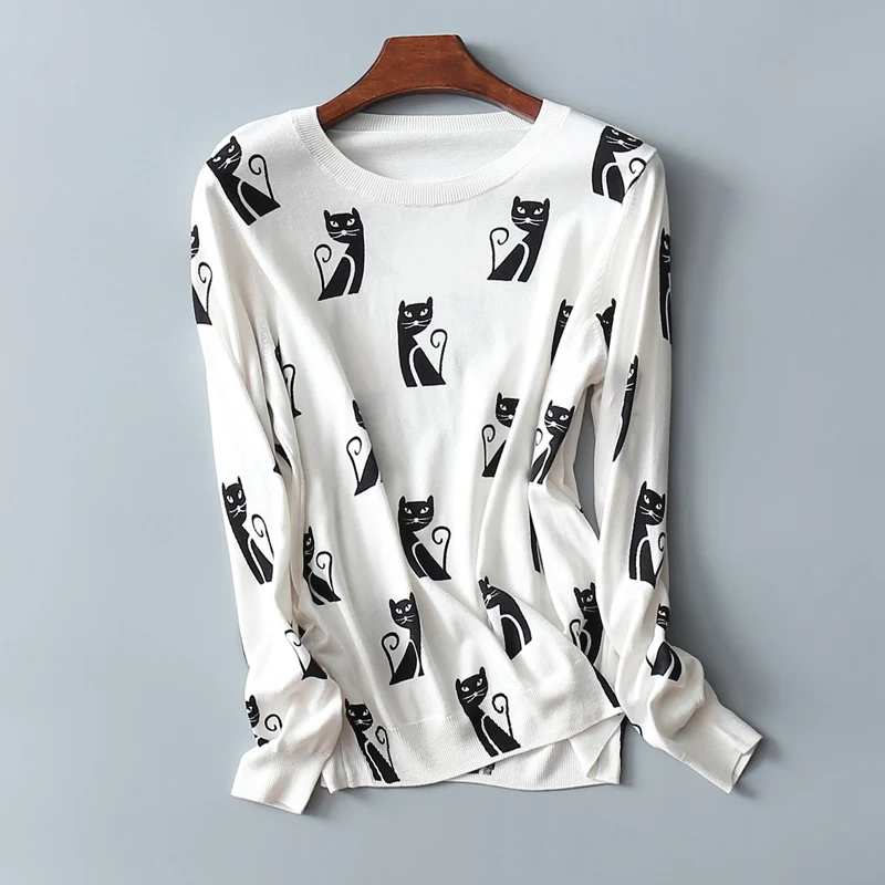 new arrival wool knit women fashion cartoon cat short pullover sweater Oneck dark blue M/XL | Женская одежда