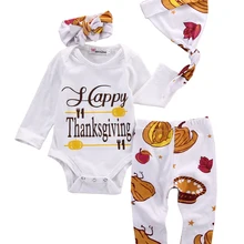Милый комплект из 3 предметов для новорожденных с надписью на День Благодарения; сезон осень-зима; комбинезон с длинными рукавами для маленьких мальчиков и девочек+ штаны; головные уборы; комплект с гарнитурой