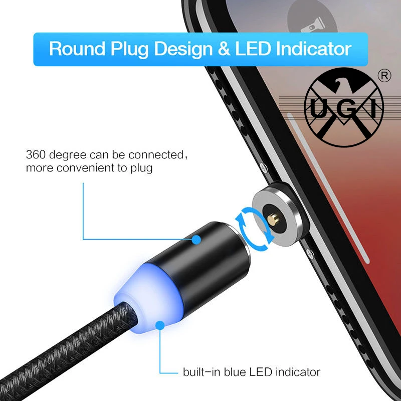 Магнитный Micro USB кабель UGI 2A СВЕТОДИОДНЫЙ зарядный шнур для Samsung S4 S5 S6 S7 Edge